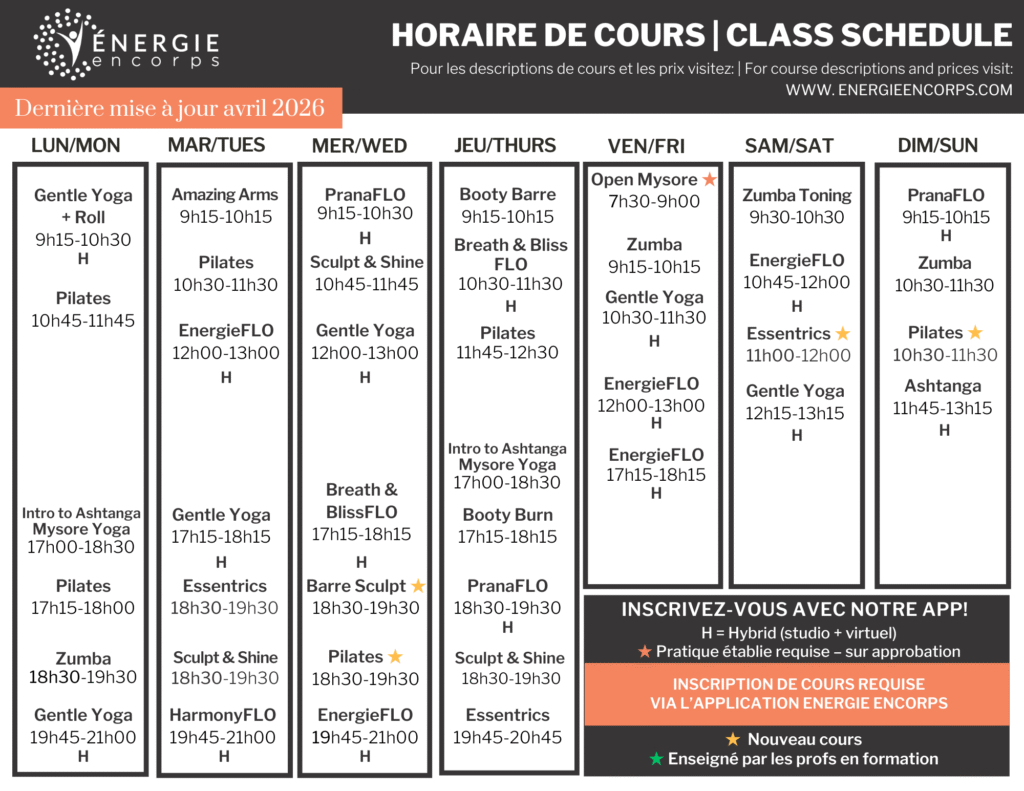 Energie Encorps -schedule april 2026